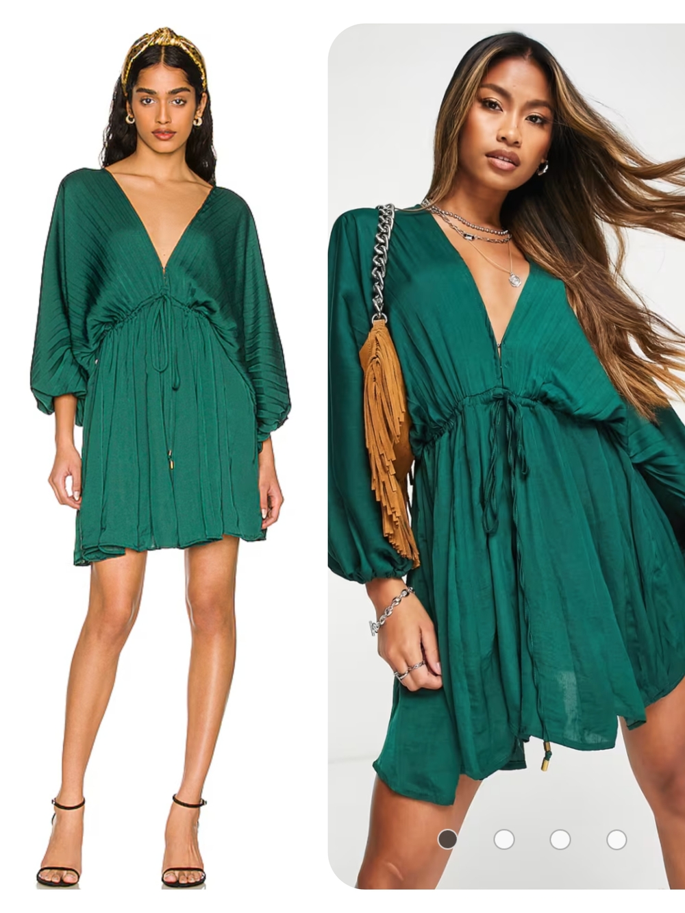 Free People Arzel Emerald Green Pleated Long Sleeve Plunging V-Neck Mini Dress